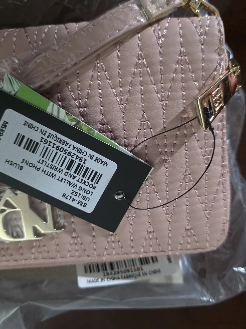 Badgley Mischka Quilted Blush Wristlet Wallet with Gold Hardware